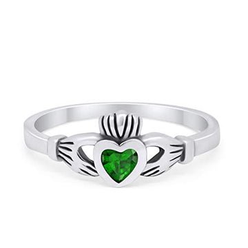 Irish Claddagh Simulated Green Emerald CZ Heart Promise Ring 925 Sterling Silver